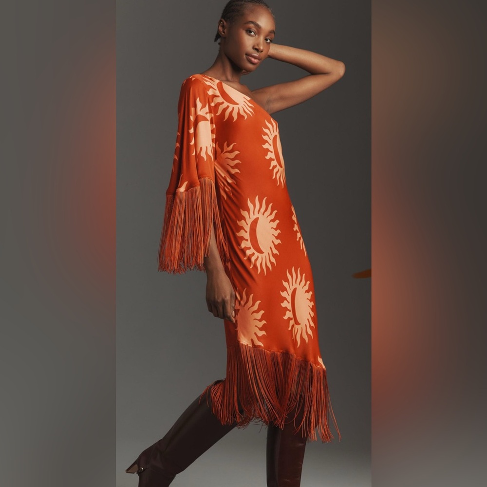 FARM Rio Rust Orange Sun Motif Fringe Mini Dress